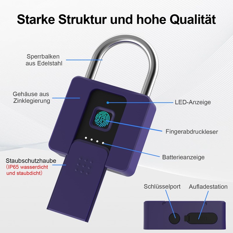 Padlock Fingerprint, Anweller Padlock, Lock with Key, Padlock Weatherproof, Fingerprint