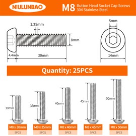 NIULUNBAO M8 x 30mm 35mm 40mm 45mm 50mm Button Head Socket Cap Screws Bolts, 304 Stainless Steel, Metric Allen Hex Drive, Machine Fully Threaded, Assortment Kit 25PCS