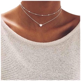 Cimenexe Bohemian Layered Heart Choker Necklace Tiny Heart Pendant Necklace Chain Love Heart Collarbone Necklace Short Silver Satellite Choker Necklace Jewelry for Women and Girls
