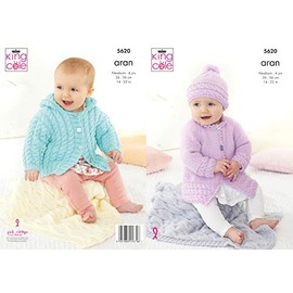 King Cole Aran Knitting Pattern Cable Detail Baby Jackets Hat & Pram Blanket (5620)