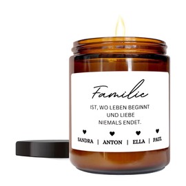 Kerze Personalisiert für Familie mit Namen – Kerze mit Spruch - Duftkerze Vanille im Glas - 100% Sojawachs – Personalisiertes Geschenk