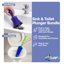Luigi's Sink & Toilet Plunger Bundle - Heavy Duty Plungers for Bathroom & Kitchen - Toilet Plunger with Holder - Powerful & Flexible Bellows Plunger Toilets Sinks Baths & Showers