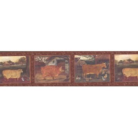 Mosaic Farm Animals Pictures on Red Wall Farmhouse Wallpaper Border Retro Design, Roll 15' x 6.5''