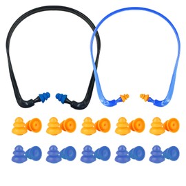 Bügelgehörschutz, 26 Stück Gehörschutzbügel Set mit 10 Paar Ersatzstöpseln, Ohrenstöpsel mit Band für Lärmreduzierung, Komfortables Design für Arbeit, Schlaf und Reisen, 14 x 14 cm, Schwarz, Blau und