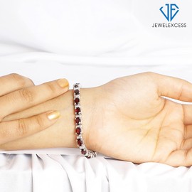 JEWELEXCESS Garnet Bracelet for Women – Genuine, Single-Row Red Garnet Jewelry – 925 Sterling Silver Bracelets – Birthstone Bracelet Sterling Silver Jewelry Gifts for Women