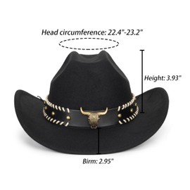 Western-Cowboy-Hat for Women Men Wide Brim Cowgirl Fedora Hats with Bull Head Band Decoration (S-M)