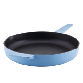 KitchenAid Enameled Cast Iron Frying Pan/Skillet with Helper Handle and Pour Spouts, 12 Inch, Blue Velvet