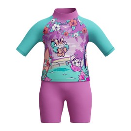 Speedo Learn to Swim Sun Protection Top e Shorts, Junior Girls, Holiday Wear, UV Protection Costume da Bagno a Due Pezzi per Bambina, Neon Violet, 2 Anni