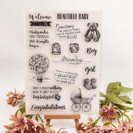 Baby Carriage Pattern Clear Stamps Silicone Stamp Sentiment, Boy Girl Greetings Blessings Transparent Seal Stamps for Holiday Card Making Decoration DIY Scrapbooking Album DIY Crafts