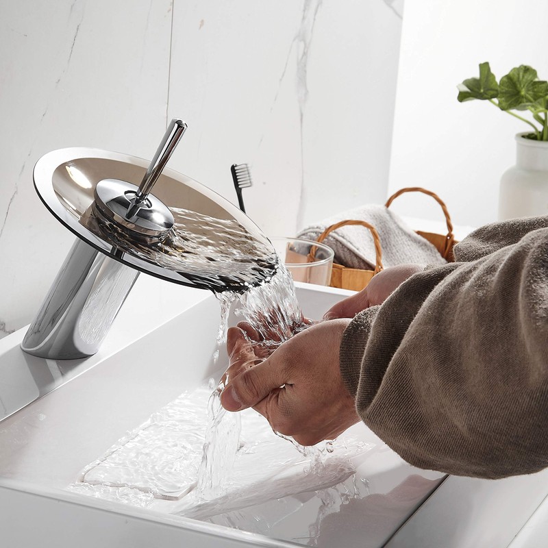 RODDEX Waterfall Bathroom Sink Faucet Unique Brass Modern Circle Brown