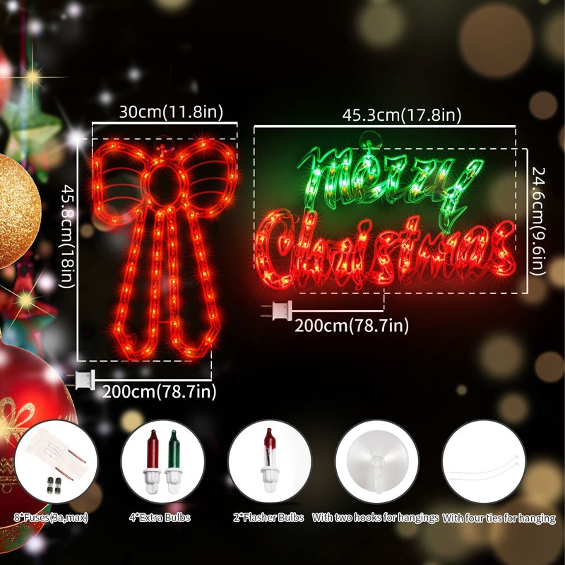 LAMPHOME 2 Pack Lighted Merry Christmas and Bow Christmas Window