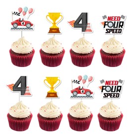kreat4joy Need Four Speed Birthday Decorations Boy, 24pcs Race Car 4th Birthday Party Decorations Cupcake Toppers for Boy 4 Year Old Birthday