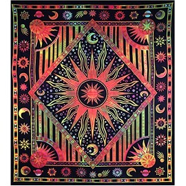 AVA Collections Queen Size Tapestry Wall Hanging Burning Hippie Sun and Moon Meditation Bohemian Hippie Psychedelic Design Indian Tapestries Bedspread (Size 90x84 inches) (Queen- Burning sun/Multi)
