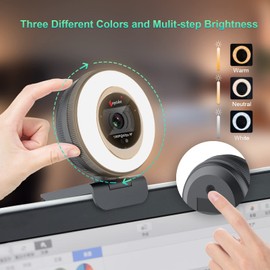 Angetube Webcam with Ring Light, 1080P 60FPS Camera for PC Streaming Cam with Remote Built-in Dual Stereo Microphone and Privacy Cover for Zoom/Skype/Teams/Webex, Mac Windows