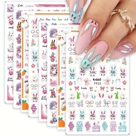 8 Sheets Easter Nail Art Stickers Cute Bunny Nail Stickers Easter Sweet Rabbit Carrot NailDesigns 3D Self Adhesive NailsDecoration for Kids and Women Manicure