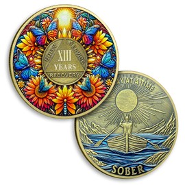13 Year Sobriety Coin Sunflower Ten Year Sobriety Coins Butterfly AA Chips and Medallion One Day at A Time AA NA Coin Recovery Anniversary Token Sobriety Gifts for Men Women Alcoholics Anonymous Gift