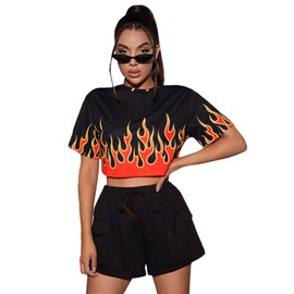 Floerns Women's Print Crop Top Short Casual Sleeve T Shirts Black Fire M