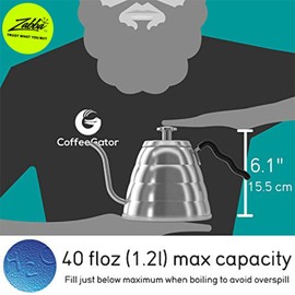 Gooseneck Kettle - Coffee Gator Pour Over Kettle - Precision-Flow Spout and Thermometer - Barista-Standard Hand Drip Tea and Coffee Kettle for Induction and all Stovetops - 40oz