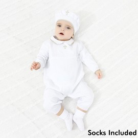 HAPIU Baby Boy Baptism Outfit with Hat Christening Outfit-Cross Detail, 12-15M, Pure White
