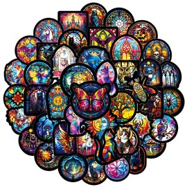 50PCS Animal Cathedral Glass Stickers, Retro Pattern Art Aesthetic Graffiti Decals for Computers Cups Guitars Phones, Classic Europe & The United States Stained Glass Stickers