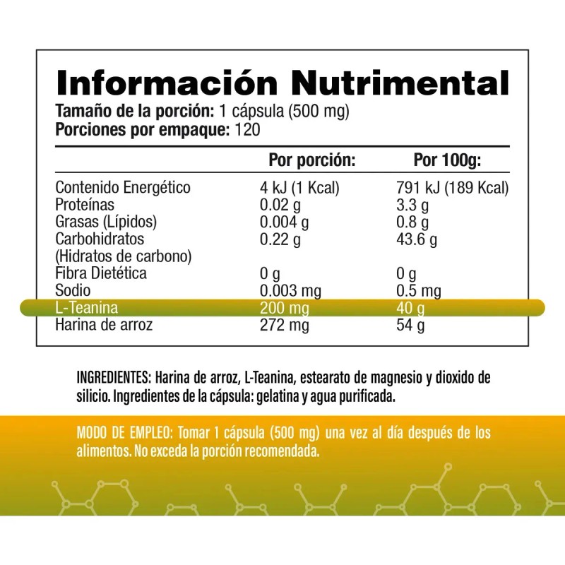 Teanina 200mg 120 Cápsulas Sabor Salud Vida