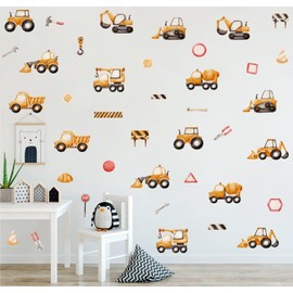 XUOIAYNB Construction Vehicle Wall Stickers, Watercolor Excavator Bulldozer Crane Truck Vinyl Wall Decals, Removable Engineering Car Artwork Wall Art for Boys Bedroom Playroom Decor