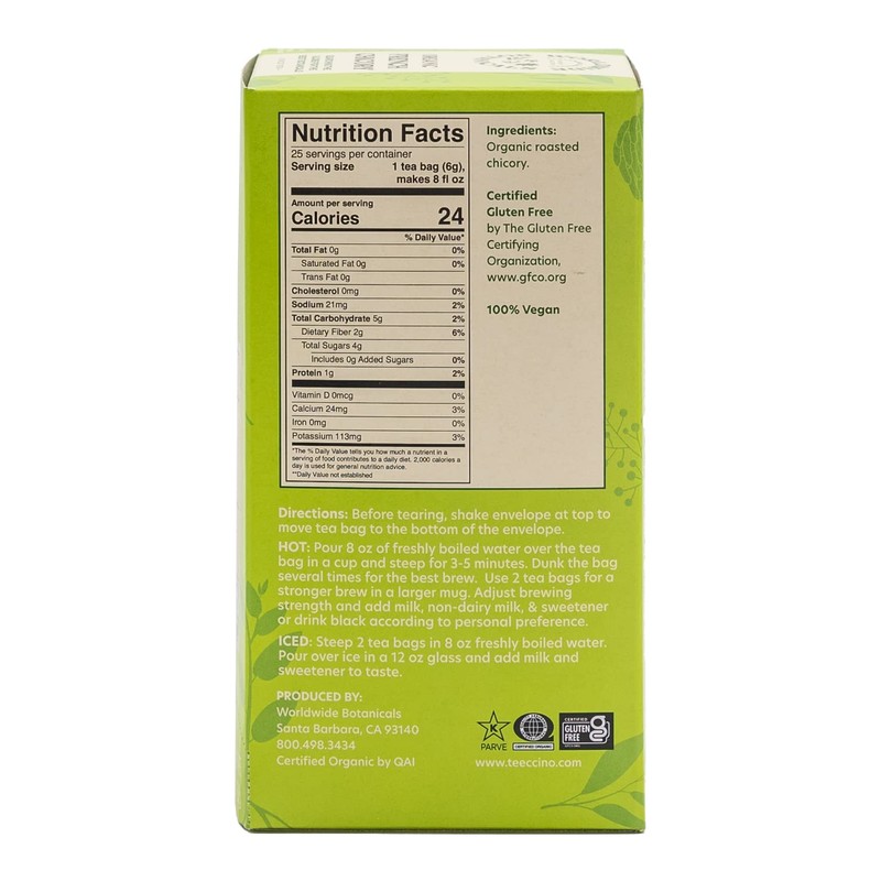 Worldwide Botanicals Organic French Chicory Root Tea, 25 Tea Bags