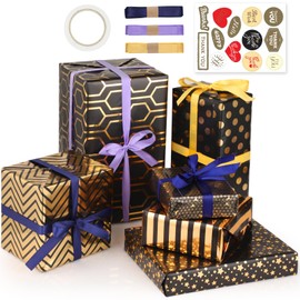 Bigqin 6 Piezas Papel de Regalo 70 * 50cm Etiquetas Papel Cuché Reciclable Premium con Regalo Pegatinas Cuerda Cinta de Doble Cara, para Regalo Navidad Cumpleaños Celebración Festiva Caja Regalo,Negro