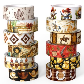 NIKOMIE 12 Rolls Washi Tape Set, Western Cowboy Themed Decorative Tape Vintage Desert Masking Tape for Journaling Supplies, Junk Journal, Scrapbooking, DIY Arts & Crafts Supplies