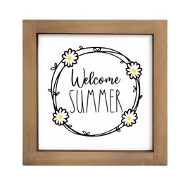 pechpell Welcome Summer Sign, 6×6 Inch Wood Framed Welcome Summer Decor with Flowers, Modern Decoration for Home Farmhouse Kitchen Table Shelf Tiered Tray Indoor