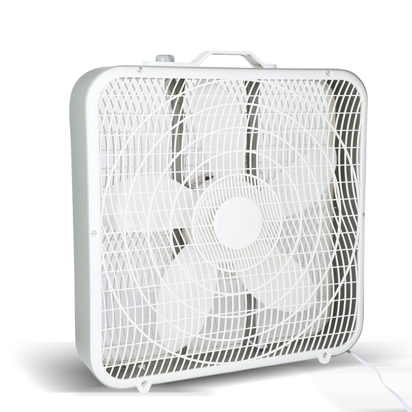 Simple Deluxe 20” Box Fan, 3-Speed Cooling Fan with Aerodynamic Shaped Fan Blades, Convenient Carry Handle and Safety Grills,White