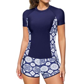 SHEKINI Women Rash Vest Short Sleeve Swim Top and Shorts Set 2 Piece Sun Protection Swimsuits Rash Guard Sports Modest Swimwear, Blue Print, X-Large