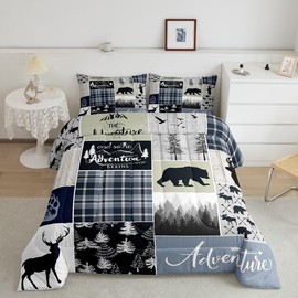 Rustic Deer Bear Comforter Set, Country Farmhouse Bedding Cabin Lodge Decor, Adventure Camping Grid Claw Bedding Comforter Sets Woodland Wild Animal Vintage Duvet Insert For Kids Teens Adult, Twin