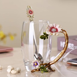 JY-Danbady Enamel Sunflower Crystal Lead-Free Glass Tea Cup with Spoon Set, Present for The Christmas, Valentine's Day.Best Present for Mother, Grandma, Girlfriend, Sister.