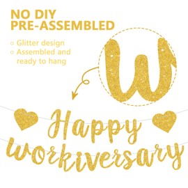 RICHHHA Gold Glitter Happy Workiversary Banner - NO DIY -Black Work Anniversary Decorations, Pre-Strung -Sign Bunting for Work Party Office Party，Office Party Theme Decoration Sign