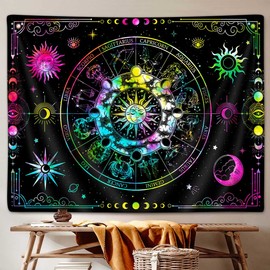 VEIGIKE Zodiac Astrology Constellation Tapestry, Colorful Sun and Moon Phase Stars Tapestries Wall Hanging for Teen Boys Girls Bedroom Neon Blacklight Poster College Dorm Home Decor 60"X40"