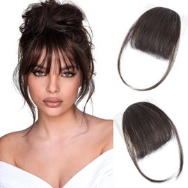 LUNDEREN Clip in Bangs Hair Clip on Bangs for Women 100% Human Hair Wispy Bangs Air Bangs with Temples Hairpieces for Women Curved Bangs for Daily Party Wear（Dark Brown）