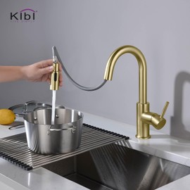 KIBI Luxe Single Handle Pull Down Faucet for Kitchen Sink | Solid Brass High Arc Faucet Spout | Kitchen Faucet with Pull Down Sprayer (Brushed Gold) (KKF2011) (Soap Dispenser Included)