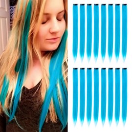 KGBFASS 16Pcs Light Blue Clip in Hair Extensions Straight Synthetic Highlights Colored Party Hairpieces for Women Girls Festival Daily Outfits Used 20 inch(Light Blue)