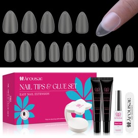 Arousar 360pcs Short Almond Nail Tips Kit, Clear Acrylic Nail Extension Set in 15 Sizes, Matte Full Cover Press on False Nail Tips with 20ml*2 Glue Gel & UV Nail Lamp, Spring Summer DIY Salon Gift