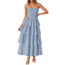 ZESICA Women‘s Summer Boho Strapless Maxi Dress 2025 Casual Sleeveless Off Shoulder Smocked Tiered Beach Long Sundress,Sky,X-Large