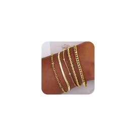 Picuzzy Gold Bracelets for Women, Dainty 14K Gold Bracelet for Women Trendy Layered Waterproof Thin Bracelets Satellite Rope Figaro Cuban Snake Chain Adjustable Jewelry Set Gifts for Women