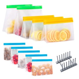 HOMEREVEL-10 pack Reusable Ziplock Freezer Bags (4 Lunch Bags +3 Sandwich Bags +3 Snack Bags + and 1 Dry Rack) Leakproof and Sealable Organic Ziplock Bags