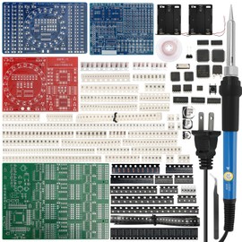 SMD/SMT Soldering Practice Kit for Beginners – 4 PCB Training Boards (Blue/Red/Green + Small Blue), Covers 1206/0805/0603/0402, 60W Soldering Iron, 2 Battery Boxes, Instructions, Complete Components