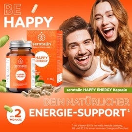 serotalin® Original Happy Energy Capsules | + Griffonia + Vitamin D3 High Dose +B12 +B6 +Phenylalanine + Zinc + Chrome + Caffeine | 100% Vegan & Made in Germany | 2 Months