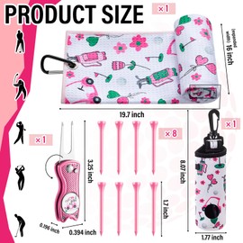 Liliful 13 Pcs Pink Golf Accessories Kit with Cute Pattern, Include Golf Ball Bag with Hook Towel Tees Magnetic Ball Marker Divot Tool Cleaner Brush for Women Girls Gifts