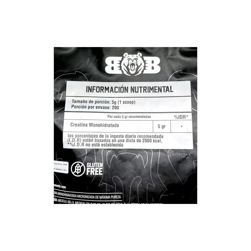 Creatina Monohidratada 1 kg BlackBear 200 servicios Bolsa
