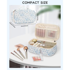 Twofold Travel Makeup Bag with Brush Holder, Dual-Layer Small Cosmetic Organizer, Portable Toiletry Bag for Accessories Storage, Cute Make Up Bag for Gift, Trip, Camp, Daily Use - Blue Flower