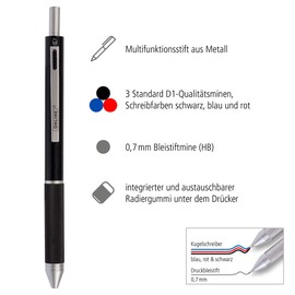 ONLINE multipen 4-in-1 | Ballpoint Pen & Pencil | Multifunctional Metal Pen | 3 Pen Points in Blue, Black, and red, Mechanical Pencil Lead | incl. Rubber, Color Black