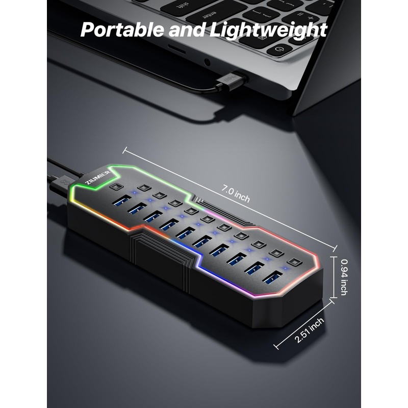 ZIUMIER Powered USB Hub, 10 Ports USB 3.0 Hub with